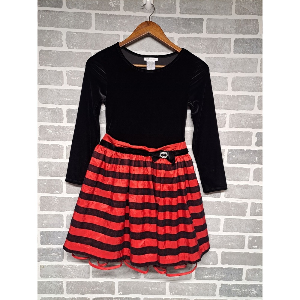 Bonnie Jean Girls Velvet Red black Long Sleeve Party Dress‎ Holiday Size 10